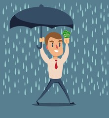 Businessman holding umbrella to protect money. Vector illustration for financial, insurance savings concept