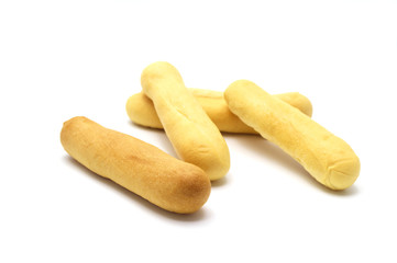 Rustic grissini bread sticks. Crispy straw biscuit isolated on white background.