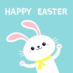 Happy Easter. Rabbit bunny waving paw print hands. Yellow scarf. Cute kawaii cartoon funny smiling baby character. White farm animal. Blue background. Isolated. Flat design