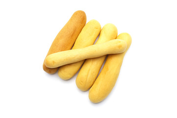 Rustic grissini bread sticks. Crispy straw biscuit isolated on white background.