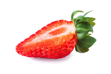 Red strawberry fruit with green leaves isolated on white background. Clipping path.