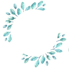 Fototapeta na wymiar Round frame of eucalyptus leaves.The drawings are made in watercolor. Bright colors were used. Can be used to create backgrounds, textile, fashion, stationery and other