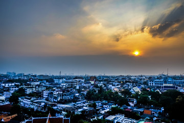 Bangkok cityscape with sky and horizontal line background from golden mountain Bangkok, Thailand