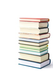 Stack of colored books on white background. Love of reading