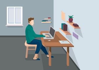 Male character working at home. Illustration of remote work in cartoon style.