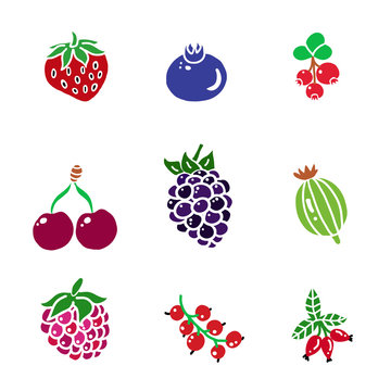 Set of simple wild berries icons:strawberry, blueberry, rasberry, cherry, cranberry, lingonberry. Hand drawn forest berry vector illustration.