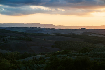 Landscape in Tuscany at sunset in summer - Tuscany, Italy, Europe