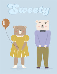 Cute couple of bear in modern clothes. Hand drawn vector cartoon illustration. Can be used for t-shirt print, kids wear fashion design, baby shower invitation card greeting card. Kids illustration