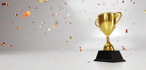 Golden trophy cup  with falling confetti with realistic confetti on white background. copy space for text. 3d rendering. © ATKWORK888