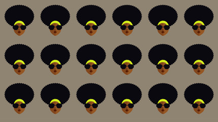 Seamless pattern of an afro woman wearing a yellow head wrap and sunglasses on a bright brown background.  Vector illustration.