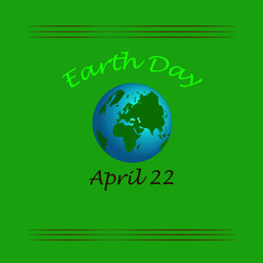 Vector illustration of Earth Day on April 22.  Green background.  