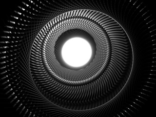 3d render of black and white abstract art of surreal industrial machinery 3d background with part of spiral turbine jet engine with glowing white core in the centre, with sharp blades 