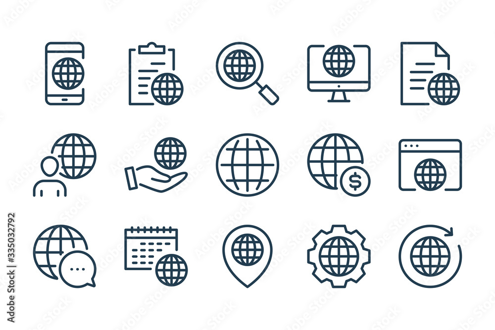 Poster world network and global internet access line icons. planet earth and world wide web vector linear i