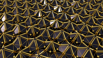 Abstract 3D background with fantasy luxury pattern structure of black triangular polygons, golden pucks, wires and lines. 3D illustration