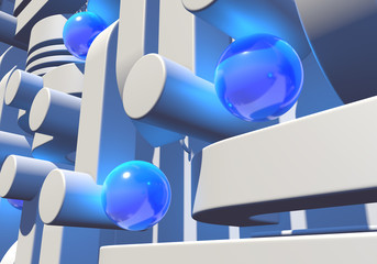 White industrial or technology abstraction with shiny blue balls and connection pipes. 3D illustration