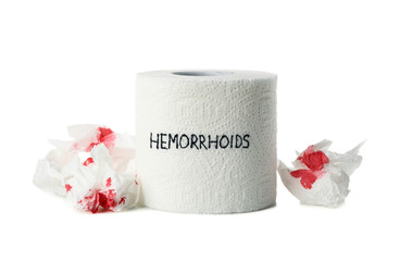 Toilet paper with Hemorrhoids and paper with blood isolated on white background