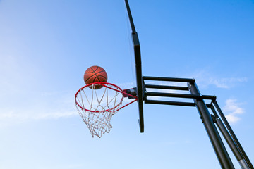 Basketball entering the hoop from a low angle