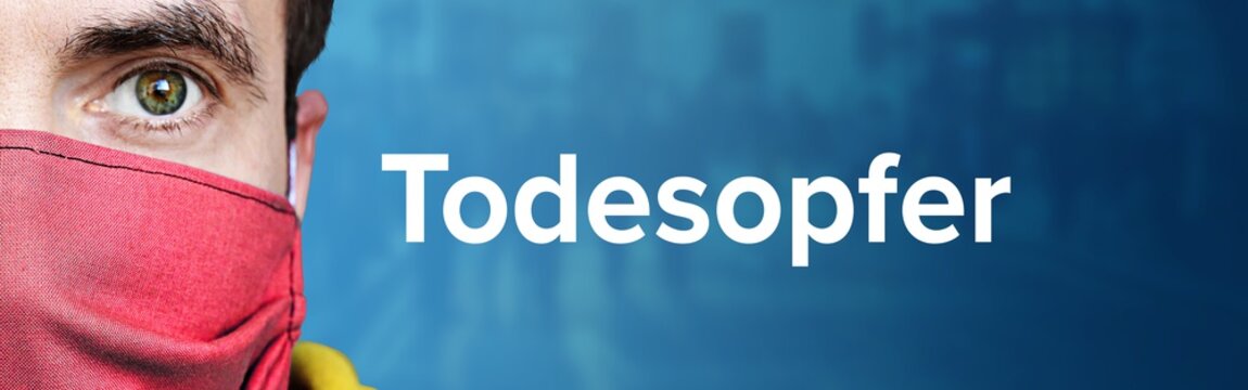 Todesopfer. Mann mit Mundschutz vor blauen Hintergrund mit Menschen. Corona, Krankheit, Medizin, Gesundheit, Virus
