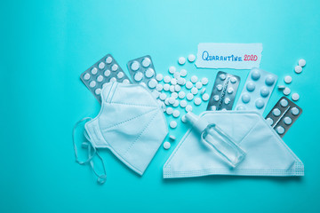 Quarantine 2020 phrase text on a blue background