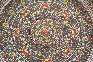 Fragment of painting Uzbek dishes for pilaf with national patterns