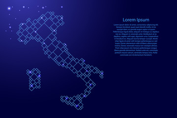 Italy map from blue pattern from a grid of squares of different sizes and glowing space stars. Vector illustration.