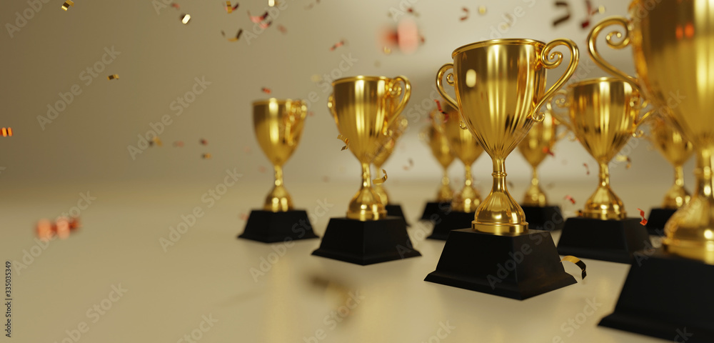 Poster golden trophy cup with falling confetti on gold background. copy space for text. 3d rendering.