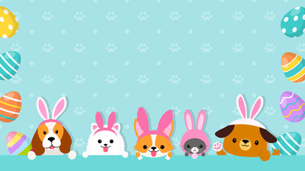Happy Easter Background Vector illustration. Cute pets wearing bunny costumes with easter eggs frame on blue paw pattern background