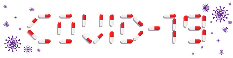 Group of pills forming the word COVID-19. Coronavirus concept. Vector illustration