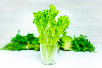  bunch of leaves salad greens in a glass on a background of greenery and a white background. Fresh morning concept of detox, healthy charge of energy with green smoothies