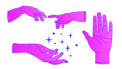 Hand drawn palms and arms in simple line art style. Vector illustration for tattoo design or fashion print.