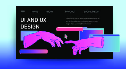 Web site template for UI and UX design, technical support or customer servises page. Hands with user interface elements.