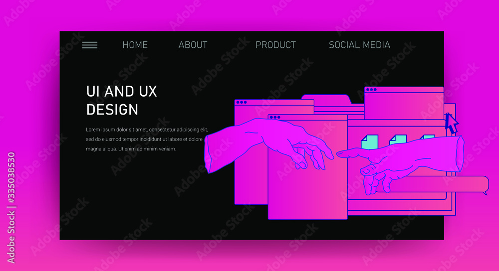 Aufkleber Web site template for UI and UX design, technical support or customer servises page. Hands with user interface elements.