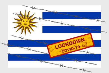 Uruguay flag with signboard lockdown warning security due to coronavirus crisis covid-19 disease design with barb wired isolate vector