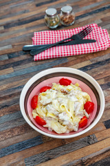 tasty Carbonara pasta on the table