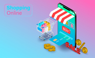 Shopping online on smartphone with credit cart. Shopping cart with bags on the side. isometric flat vector design