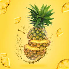 Illustration for advertising pineapple juice. Sliced juicy ​​pineapple in motion. Around a splash of fresh juice and sliced ​​pineapple on a yellow background.
