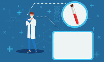 Doctor holding a test tube with the test results. Blue background. Space for your text. Stock illustration.