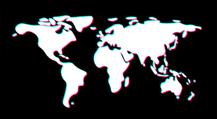 White world map on black background.