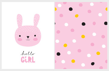 Hello Girl. Funny Nursery Vector Illustration with Cute Pink Baby Bunny Isolated on a White Background. Simple Irregular Dotted Pattern. White, Black, Pink and Yellow Dots on a Light Pink Background.