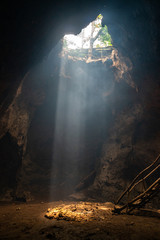 bat cave on Lombok with beautiful sun rays coming in from the top. 