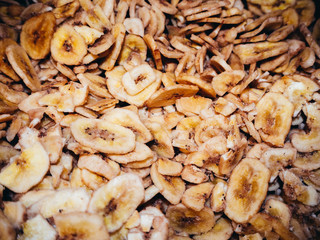 A lot of dried bananas shot close.
