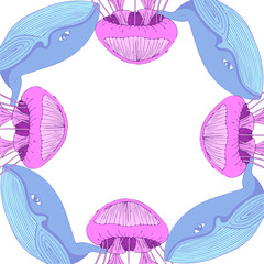 Frame with whales and jellyfish in doodle style.