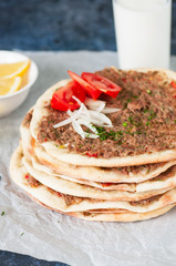Lahmacun Turkish traditional cuisine, flatbread with minced meat and spices.