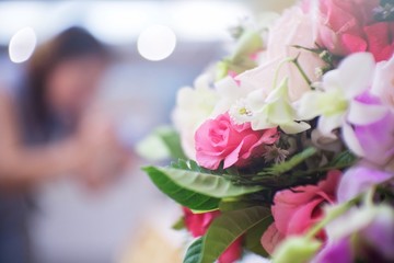 Close up beautiful wedding flowers bouquet Decoration made of pink roses in soft style blur background. copy space.Romantic and sweet moment concept.Love and relationship.selective and soft focus.