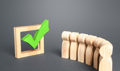 Queue line and green vote check mark. Voting in democratic election or referendum. Political...