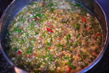 Thai hot and spicy Seafood Dipping sauce in Thai homemade style Extremely hot and spicy sauce with lots of chili and pepper. Seafood sauce serve together with seafood in restaurants in Thailand.