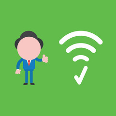 Vector illustration concept of businessman character with wireless wifi symbol, check mark and giving thumbs up.