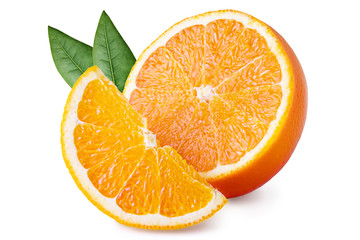 Orange fruit with green leaves isolated on white background. Clipping path. Full depth of field.