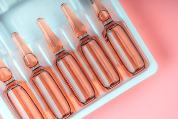 medical ampoules from brown glass, close up