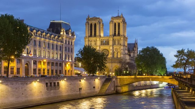 Paris, France, Timelapse of Notre dame de Paris cathedral by night